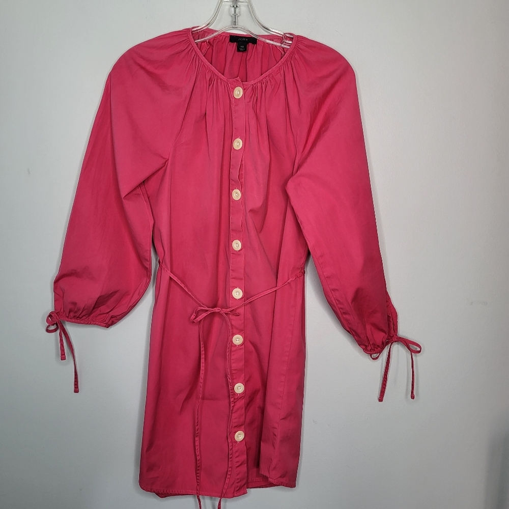 J.Crew Tie Sleeve Button Front Mini Shirt Dress XS Hot Pink Cotton Poplin Preppy